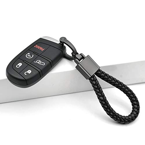FEYOUN Universal Black Leather Car Fob Keychain Metal Keyring Woven Strap Braided Rope Key Chain for Men and Women - Matte Black Color, with 360 Degree Rotatable D-ring and Screwdriver