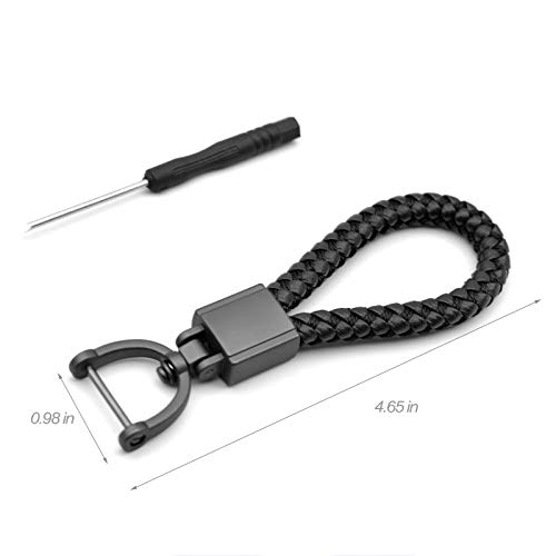 FEYOUN Universal Black Leather Car Fob Keychain Metal Keyring Woven Strap Braided Rope Key Chain for Men and Women - Matte Black Color, with 360 Degree Rotatable D-ring and Screwdriver