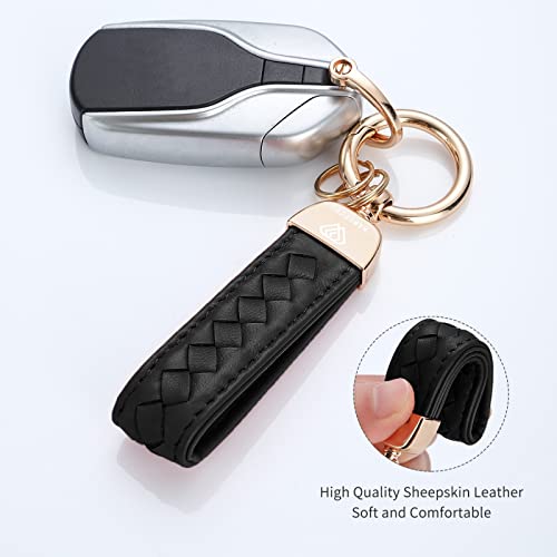 Genuine Leather Car Keychain, Handmade Knit Sheepskin Key chains for Women, Universal Key Fob Holder with 360 Degree Rotatable, Anti-Lost D-Ring, 2 Keyrings and 1 Screwdriver – Black
