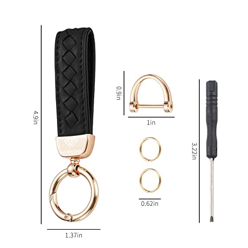 Genuine Leather Car Keychain, Handmade Knit Sheepskin Key chains for Women, Universal Key Fob Holder with 360 Degree Rotatable, Anti-Lost D-Ring, 2 Keyrings and 1 Screwdriver – Black