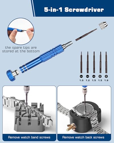 Vastar Watch Repair Kit, Watch Case Removal Tool, Watch Battery Replacement, Watch Tool Kit, 5-in-1 Screwdriver/Watch Holder/20pcs Spring Bars/Tweezer/Dust Brush