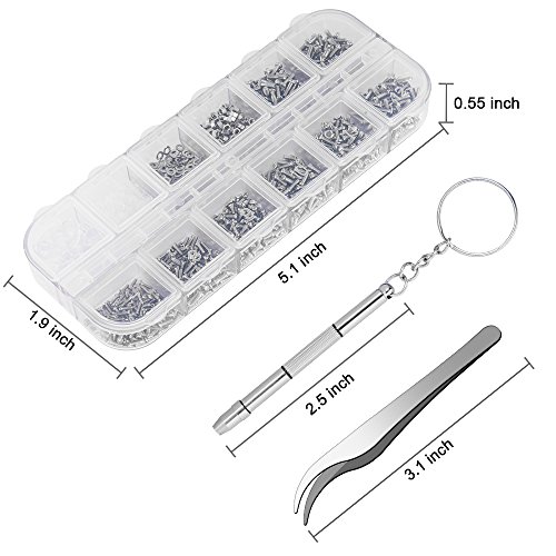Sunglasses Eyeglasses Repair Kit, 1100PCS Tiny Stainless Steel Screws and 5 Pairs Nose Pads with Micro Screwdriver Tweezer for Watch Clock Spectacle Eye Glass Repair