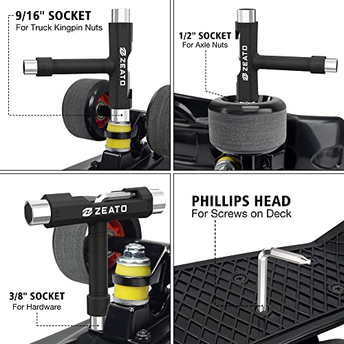 Zeato All-in-One Skate Tools Multi-Function Portable Skateboard T Tool Accessory with T-Type Allen Key and L-Type Phillips Head Wrench Screwdriver - Black