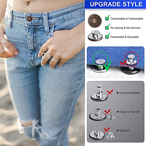 12 Sets Adjustable Buttons for Jeans, 20mm No Sew Instant Metal Buttons, Removable Jean Buttons Replacement Repair Kit with Threads Rivets and Screwdriver