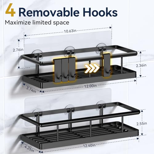 YASONIC Adhesive Shower Caddy with Removable Hooks, Black