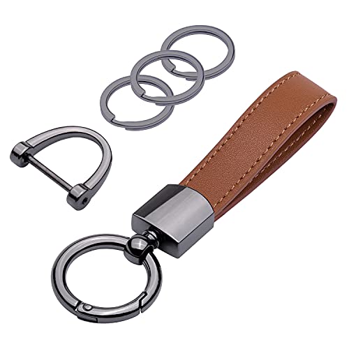 Wisdompro Genuine Leather Car Keychain, Universal Key Fob Keychain Leather Key Chain Holder for Men and Women, 360 Degree Rotatable, with Anti-Lost D-Ring, 3 Keyrings and 1 Screwdriver - Brown