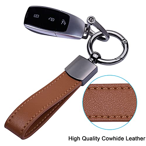 Wisdompro Genuine Leather Car Keychain, Universal Key Fob Keychain Leather Key Chain Holder for Men and Women, 360 Degree Rotatable, with Anti-Lost D-Ring, 3 Keyrings and 1 Screwdriver - Brown