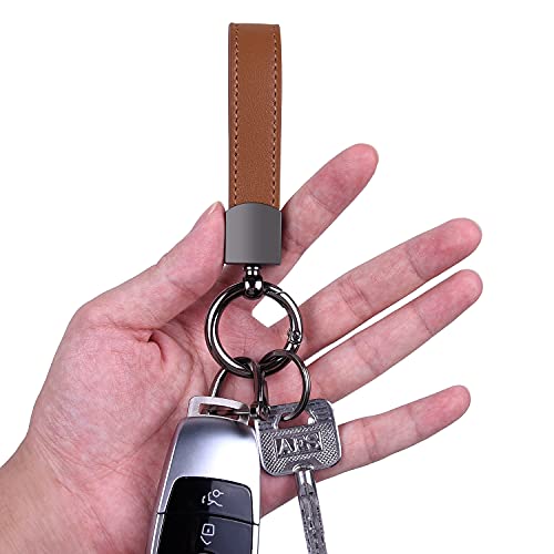 Wisdompro Genuine Leather Car Keychain, Universal Key Fob Keychain Leather Key Chain Holder for Men and Women, 360 Degree Rotatable, with Anti-Lost D-Ring, 3 Keyrings and 1 Screwdriver - Brown