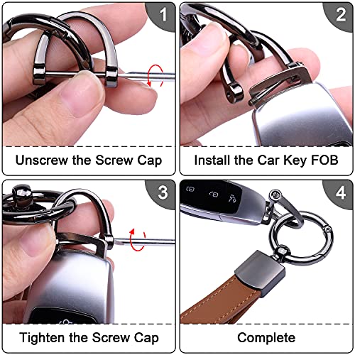 Wisdompro Genuine Leather Car Keychain, Universal Key Fob Keychain Leather Key Chain Holder for Men and Women, 360 Degree Rotatable, with Anti-Lost D-Ring, 3 Keyrings and 1 Screwdriver - Brown