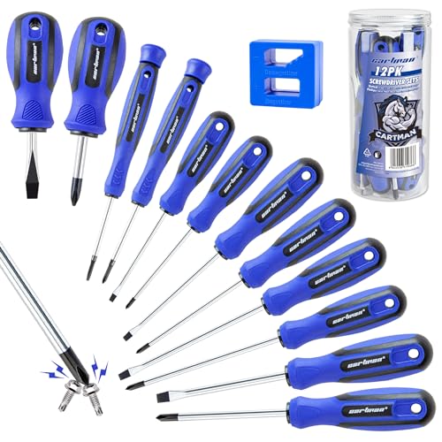 CARTMAN 12 Piece Magnetic Screwdriver Set - 6 Phillips and 6 Flat, Professional Cushion Grip Hand Tools Set