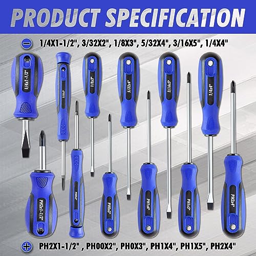 CARTMAN 12 Piece Magnetic Screwdriver Set - 6 Phillips and 6 Flat, Professional Cushion Grip Hand Tools Set