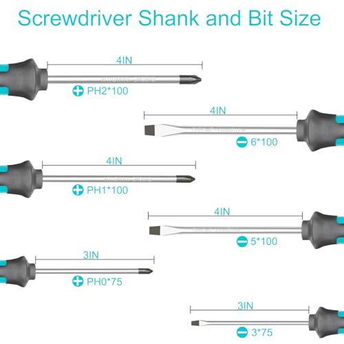 Tcwous Magnetic Screwdriver Set, 6-Piece Screw Driver Kit with 3 Phillips and 3 Flat, Professional Non-Slip Cushion Grip Nut Driver Repair Tool Set. Stocking Stuffers for Men Gifts