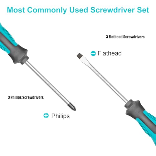 Tcwous Magnetic Screwdriver Set, 6-Piece Screw Driver Kit with 3 Phillips and 3 Flat, Professional Non-Slip Cushion Grip Nut Driver Repair Tool Set. Stocking Stuffers for Men Gifts