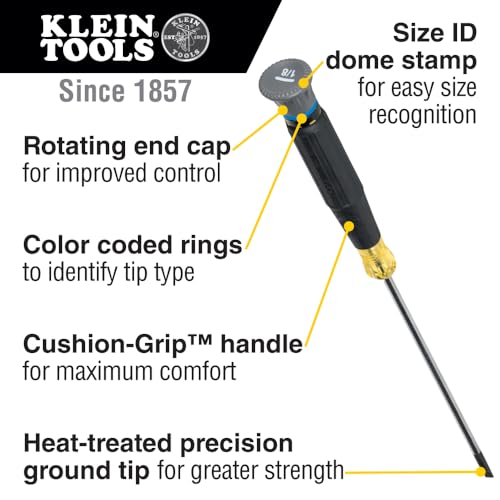 Klein Tools 6254 Mini Precision Screwdriver, 1/8-Inch Slotted, Features Cushion-Grip Handle, Rotating Cap, Color Coded Ring, 4-Inch Shank
