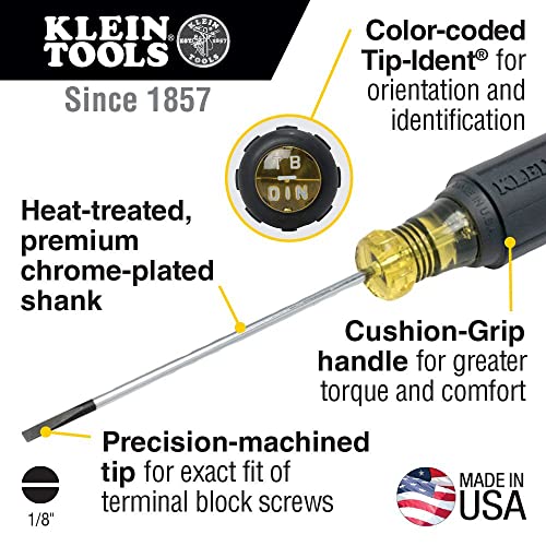 Klein Tools 612-4 Screwdriver, Made in USA, Flat Head Terminal Block Screwdriver, 1/8-Inch Cabinet Tip, 4-Inch Round Shank, TB-DIN