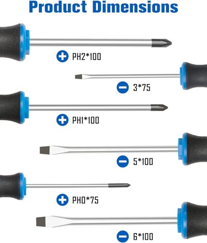 6PCS Magnetic Tip Screwdriver Set, 3 Phillips and 3 Flat, Professional Cushion Grip | 6-Piece Hand Tools Set