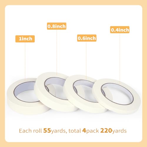 4 Pack Masking Tape, White Painters Tape, Artist Tape for Wall, Painting, Home, Office, School Stationery, Arts, Crafts 0.4" 0.6" 0.8” 1” x 55yds, 220 Yard in Total