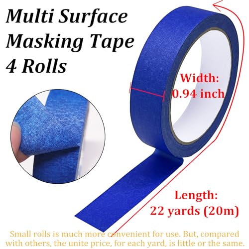 4 Rolls Premium Blue Painters Tape, Masking Tape, Adhesive Paint Tape, Painter's Paper Tape for Wall Painting, DIY Artist Crafts Arts, Decorations, Drafting, No Residue, Easy Removal, 0.94in x 22yd