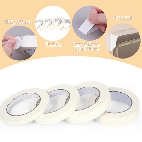 4 Pack Masking Tape, White Painters Tape, Artist Tape for Wall, Painting, Home, Office, School Stationery, Arts, Crafts 0.4" 0.6" 0.8” 1” x 55yds, 220 Yard in Total