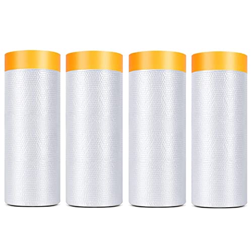 Painters Plastic With Tape, Pre-Taped Masking Film, 4 Rolls Automotive Best Tape and Drape, Paint Adhesive Protective Film Roll for Covering Skirting, Frames, Cars and Auto Body (5 X 65-Feet)