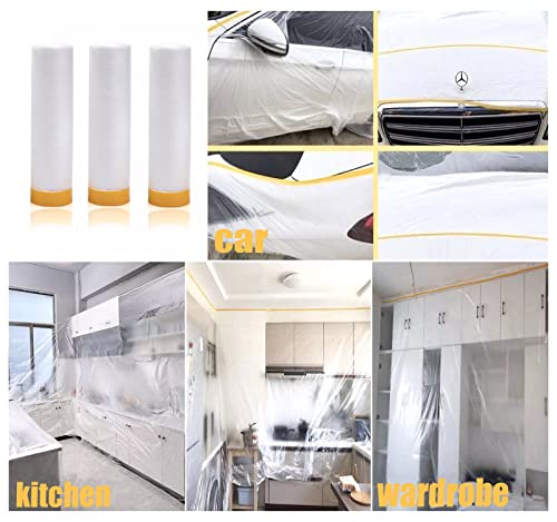 Painters Plastic With Tape, Pre-Taped Masking Film, 4 Rolls Automotive Best Tape and Drape, Paint Adhesive Protective Film Roll for Covering Skirting, Frames, Cars and Auto Body (5 X 65-Feet)