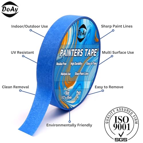 DOAY Blue Painters Tape 1/2 Inches x 30 Yards - Multi Surface Use - 120 Yards Total - 4 Rolls