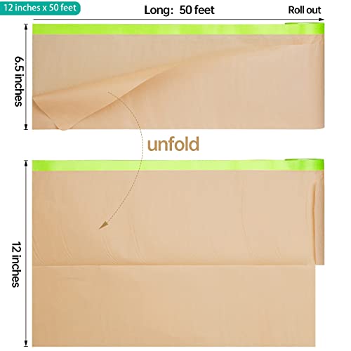 Pre-Taped Masking Paper for Painting - 12 inch x 50 feet Tape and Drape Painters Paper, Paint Adhesive Protective Paper Roll for Covering Skirting, Frames, Cars and Auto Body (1 Roll)