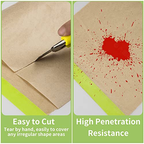 Pre-Taped Masking Paper for Painting - 12 inch x 50 feet Tape and Drape Painters Paper, Paint Adhesive Protective Paper Roll for Covering Skirting, Frames, Cars and Auto Body (1 Roll)