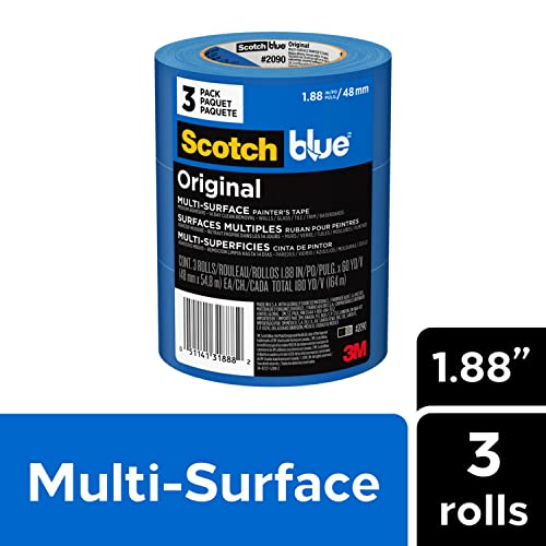 Scotch Painter's Tape Original Multi-Surface Painter's Tape, 1.88 Inches x 60 Yards, 3 Rolls, Blue, Paint Tape Protects Surfaces and Removes Easily, Multi-Surface Painting Tape for Indoor and Outdoor Use