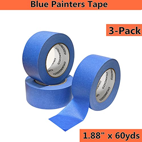 CHUANGSEED 3-Pack Blue Painters Tape 1.88 Inches x 60 Yards Blue Masking Tape Bulk - Sharp Edge Line Technology, Produces Sharp Lines Residue-Free and Artisan Grade Wall Trim Tape