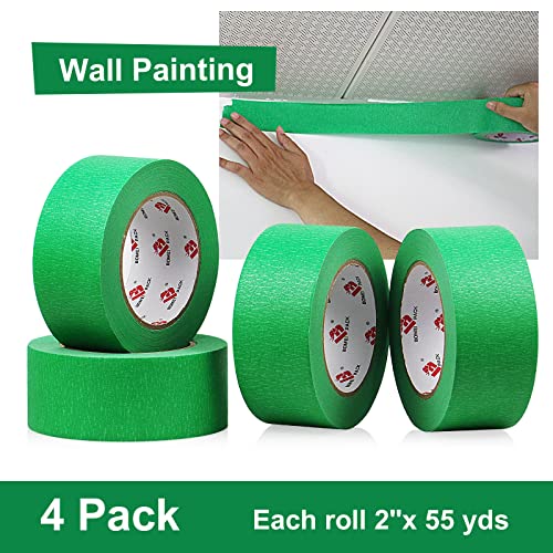 BOMEI PACK Green Painters Tape 2 inch Wide, Medium Adhesive Green Masking Tape 2 inch x 55 Yards (220 Total Yards) 4 Rolls, Residue-Free Wall Trim Tape for Painting, DIY Crafting, Decoration