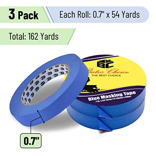 Bates- Painters Tape, 0.7 inch Paint Tape, 3 Pack, 54 Yards, 162 Yards in Total, Painting Tape, Masking Tape, Blue Masking Tape, Wall Safe Tape, Paint Tape, Blue Painter Tape