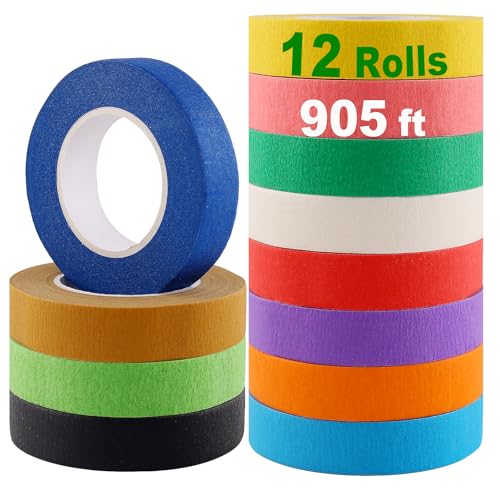 Colored Masking Tape, Rainbow Colors Painters Tape Colorful Craft Art Paper Tape for Kids Labeling Arts Crafts DIY Decorative Coding Decoration Teaching Supplies, 12 Rolls, 0.6Inch Wide x 25Yards Long