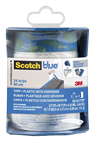 ScotchBlue Pre Plastic Painters Tape with Bladed Dispenser, 24 in x 30yd, Tape & Masking Film Combined in One Product, Static Cling to Stay in One Place, No Residue Masking Tape (PTD2093EL-24-S)