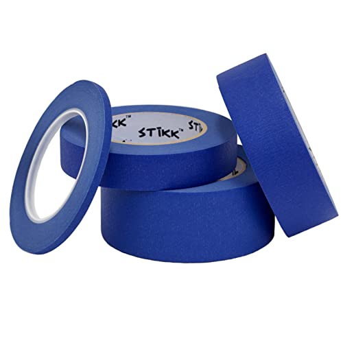 STIKK Painters Tape - 3pk Blue Painter Tape - 1/4 inch x 60 Yards - Paint Tape for Painting, Edges, Trim, Ceilings - Masking Tape for DIY Paint Projects - Residue-Free Painting Tape