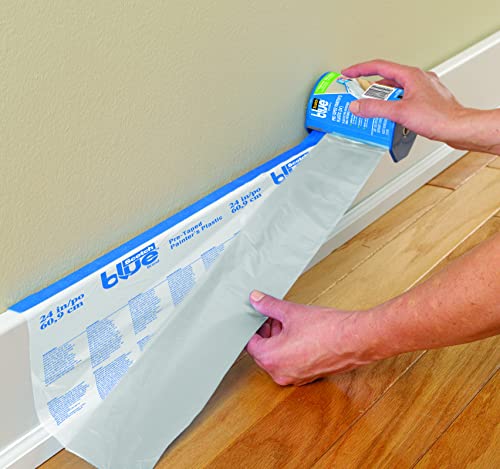 ScotchBlue Pre Plastic Painters Tape with Bladed Dispenser, 24 in x 30yd, Tape & Masking Film Combined in One Product, Static Cling to Stay in One Place, No Residue Masking Tape (PTD2093EL-24-S)