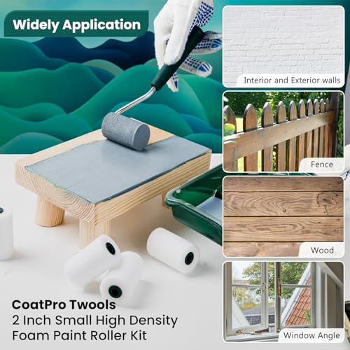 CoatPro Twools Foam Paint Roller, 2 Inch 10 Pack Small Paint Roller Kit with High-Density Foam Paint Roller, Paint Tray, Paint Tray Liner, Roller Frame, Mini Paint Roller for Painting Corners