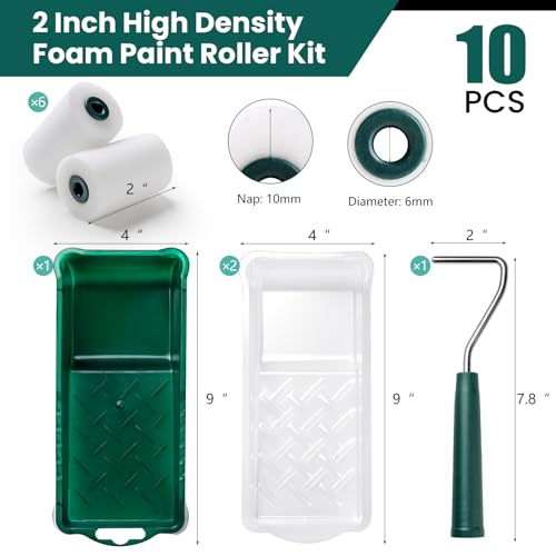 CoatPro Twools Foam Paint Roller, 2 Inch 10 Pack Small Paint Roller Kit with High-Density Foam Paint Roller, Paint Tray, Paint Tray Liner, Roller Frame, Mini Paint Roller for Painting Corners