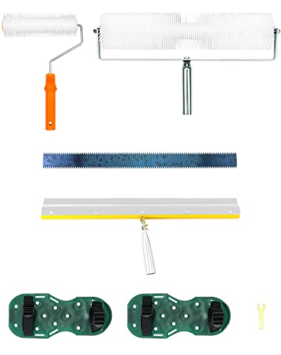 QWORK Self-Levelling Cement Tool Kit, Floor Construction Roller Spike Shoes, Epoxy Floor Paint Tool, Stainless Steel Scraper Self-Leveling Rake