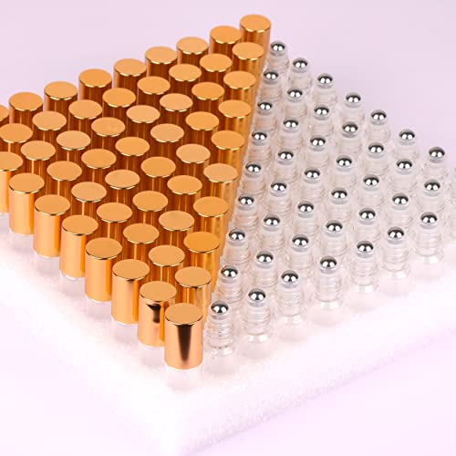MaxMau Pack of 100,5ml Clear Glass Roll on Bottle Essential Oil Roller Bottles with Stainless Steel Roller Balls and Golden Painted Lids for Daily Aromatherapy Sample Test Travel