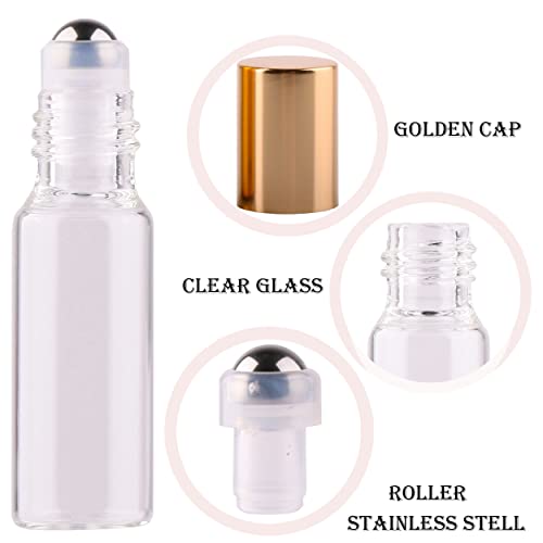 MaxMau Pack of 100,5ml Clear Glass Roll on Bottle Essential Oil Roller Bottles with Stainless Steel Roller Balls and Golden Painted Lids for Daily Aromatherapy Sample Test Travel