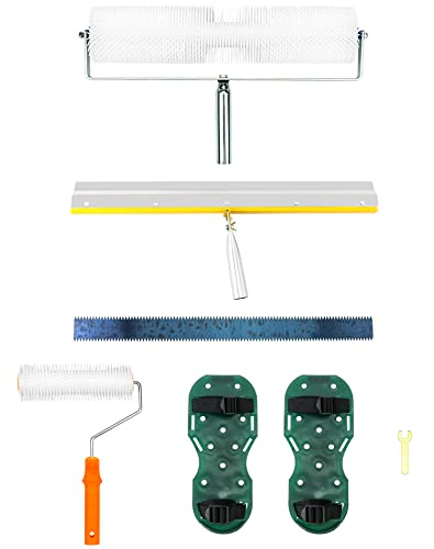 QWORK Self-Levelling Cement Tool Kit, Floor Construction Roller Spike Shoes, Epoxy Floor Paint Tool, Stainless Steel Scraper Self-Leveling Rake