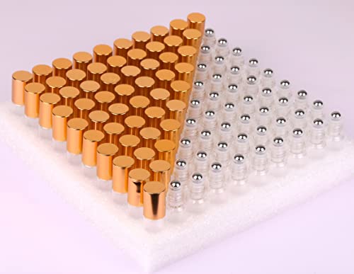 MaxMau Pack of 100,5ml Clear Glass Roll on Bottle Essential Oil Roller Bottles with Stainless Steel Roller Balls and Golden Painted Lids for Daily Aromatherapy Sample Test Travel