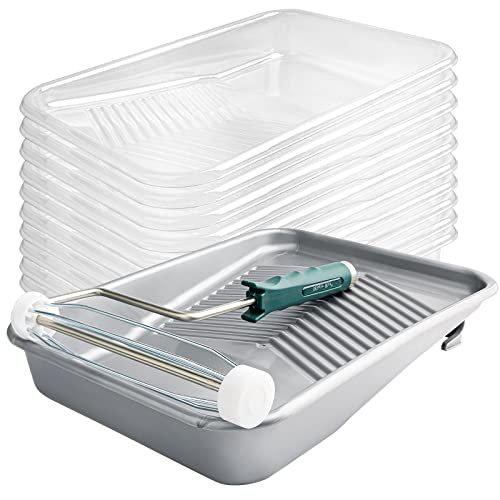Mister Rui-Paint Tray,12 Pack, 9 Inch Paint Roller Tray, Disposable Paint Tray with Liner and 5-Wire Roller Frame, Plastic Paint Tray Washable and Reusable, Textured Paint Tray with Deep Capacity