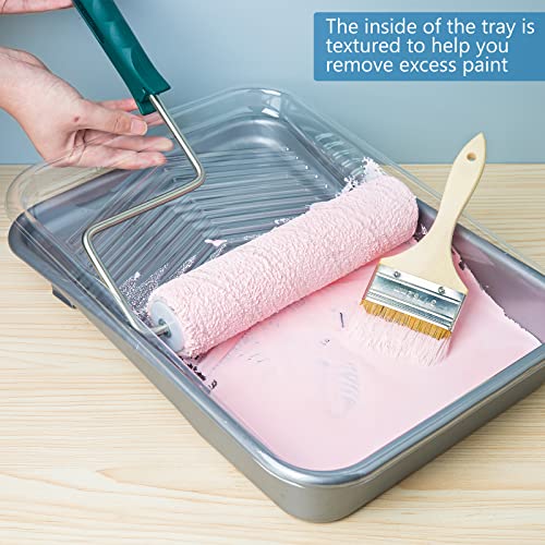 Mister Rui-Paint Tray,12 Pack, 9 Inch Paint Roller Tray, Disposable Paint Tray with Liner and 5-Wire Roller Frame, Plastic Paint Tray Washable and Reusable, Textured Paint Tray with Deep Capacity
