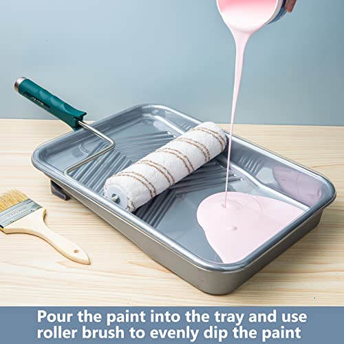Mister Rui-Paint Tray,12 Pack, 9 Inch Paint Roller Tray, Disposable Paint Tray with Liner and 5-Wire Roller Frame, Plastic Paint Tray Washable and Reusable, Textured Paint Tray with Deep Capacity