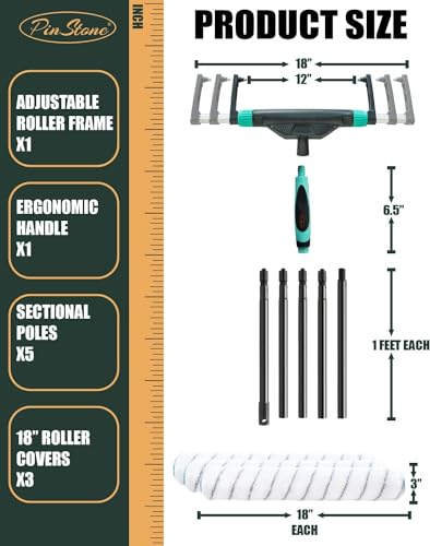 10pcs PinStone Large Paint Roller Kit, 12"-18" Adjustable Roller Frame, 1-5 Ft Steel Extension Pole, Ergonomic Handle, 3pcs 18" Nylon Roller Covers for Walls,Ceiling,Floor,Interior & Exterior Painting