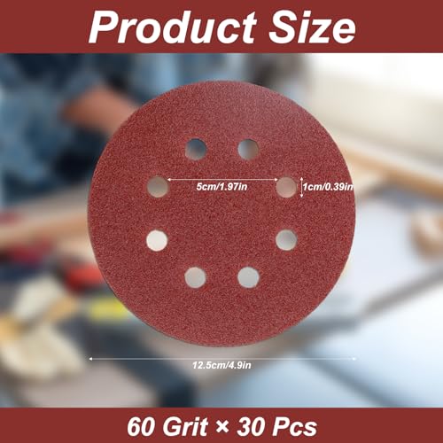 30 Pack 5" Orbital Sander Sanding Discs, 60 Grit