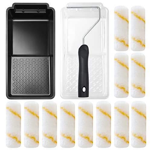 Mister Rui Paint Roller Kit, 15 Pack, 4 Inch Paint Rollers (1/2" Nap), Small Paint Roller with Tray, Mini Paint Roller Kit, Paint Roller Brush with Roller Frame, Paint Tray and Liner, for Home Repair.