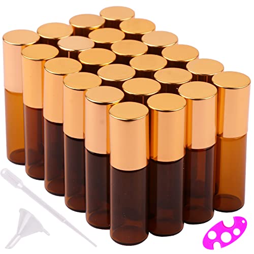 MaxMau 24 Pack 5ml Amber Glass Roller Bottles for Essential Oils,Roll on Bottle with Stainless Steel Roller Balls Golden Painted Caps for Daily Aromatherapy Sample Test Travel